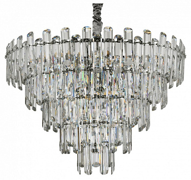 подвесная люстра каскадная с хрустальными цилиндрами и металлическим каркасом