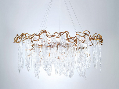 подвесная люстра из бронзы с волнообразной бронзовой рамой и стеклянными элементами