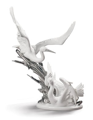 Фарфоровая скульптура двух журавлей Cranes Lladro, серебряный люстр 01009090