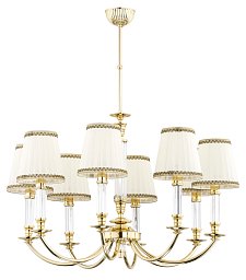 восьмирожковая люстра с кремовыми абажурами на изогнутых держателях