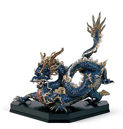Фарфоровая скульптура дракона Great Dragon Lladro, синяя эмаль 01001935
