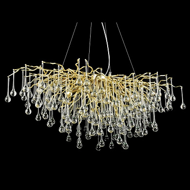 подвесной светильник с хрустальными элементами в виде нитей и золотистой рамой