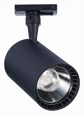 трековый прожектор для трека чёрного цвета с цилиндрическим корпусом для однофазного шинопровода