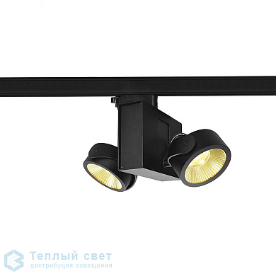 трековый двухламповый светильник черного цвета с поворотными модулями для трёхфазного шинопровода