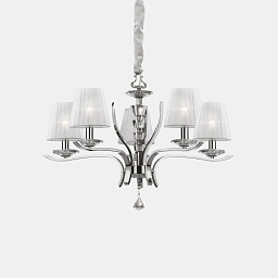 066448 Ideal lux Pegaso пятиламповая люстра с белыми абажурами и изогнутыми рожками из металла