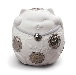 Фарфоровая статуэтка кота манэки-нэко с поднятыми лапами Maneki Neko II Lladro, серебряный люстр 01009073