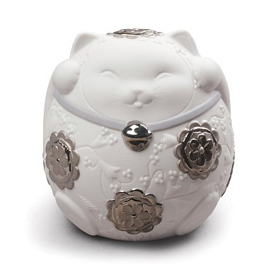 Фарфоровая статуэтка кота манэки-нэко с поднятыми лапами Maneki Neko II Lladro, серебряный люстр 01009073