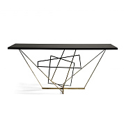 Rhomboid Console Table Verdigris, Scratched Gold and Fired Copper with Black Lacquer top Porta Romana