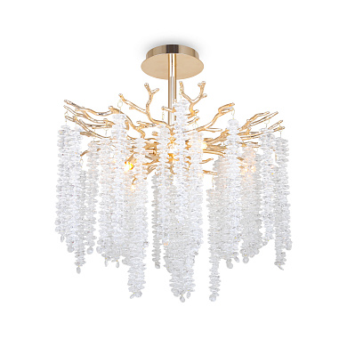потолочный светильник с подвесками из стекла и золотистыми элементами в виде листьев