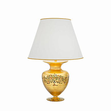 настольная лампа с круглым абажуром на золотом основании