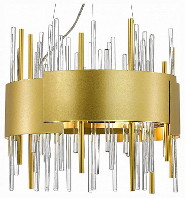 подвесная люстра с золотистым корпусом и вертикальными стеклянными трубками