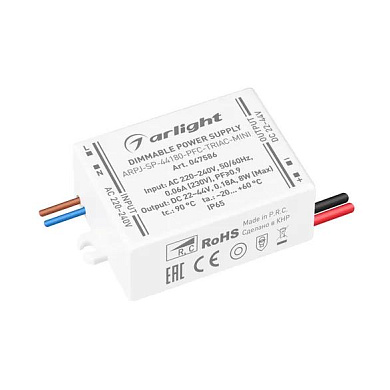 047586 Arlight Блок питания ARPJ-SP-44180-PFC-TRIAC-MINI (8W, 22-44V, 180mA)