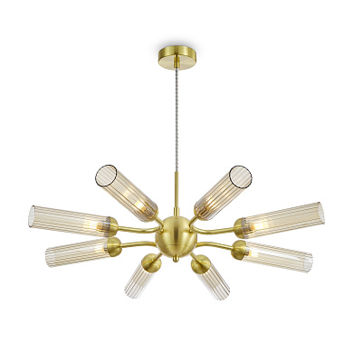 подвесная люстра с горизонтальными световыми стержнями в золотом исполнении