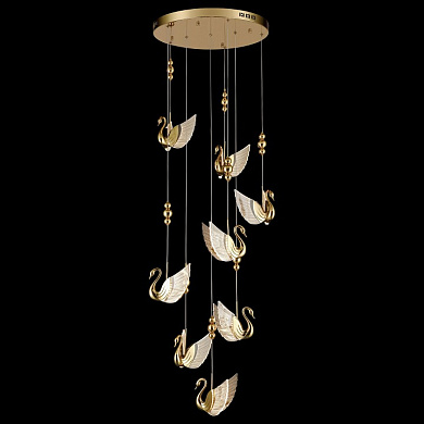 подвесной светильник с вертикальной композицией лебедей на золотых подвесах
