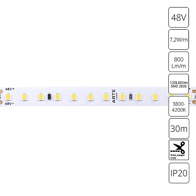 A4812010-04-4K Arte Lamp Tape светодиодная лента 48V 7,2W/m 4000К 30м