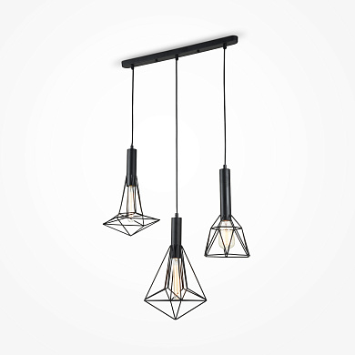 подвесной светильник с тремя каркасными плафонами черного цвета