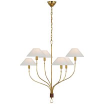 Griffin Large Staggered Tail Chandelier полированная старая латунь и седельная кожа с льняными абажурами