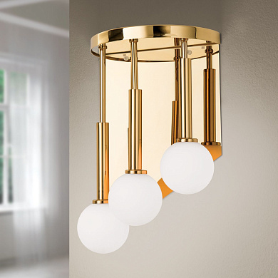 трёхламповое настенное бра с вертикальными золотистыми цилиндрами и опаловыми шарами (левая ориентация)