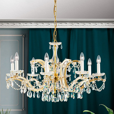 подвесная хрустальная неоклассическая люстра с многорядными подвесками и золотым каркасом