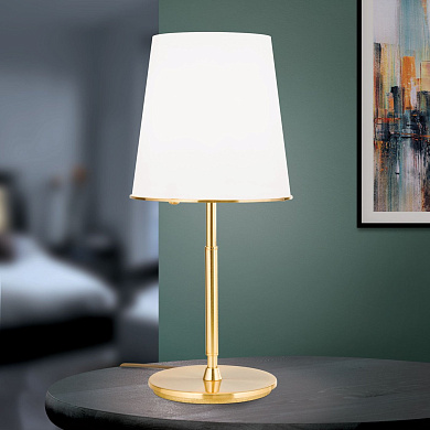 настольная лампа с цилиндрическим текстильным абажуром на матово-золотой стойке