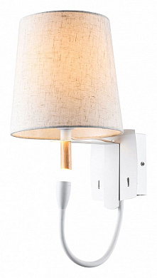 настенное бра с текстильным абажуром цилиндрической формы на изогнутом кронштейне