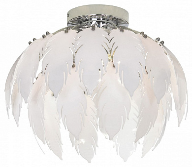 потолочная люстра с декоративными подвесками в виде перьев на хромированной основе