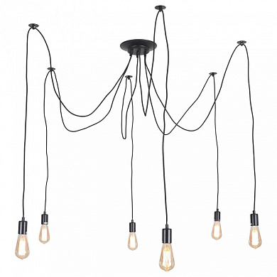 подвесная люстра с множеством проводов и открытыми лампами в индустриальном стиле