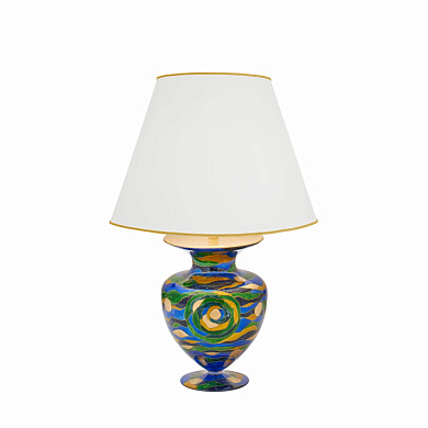 настольная лампа с круглым абажуром на расписном основании