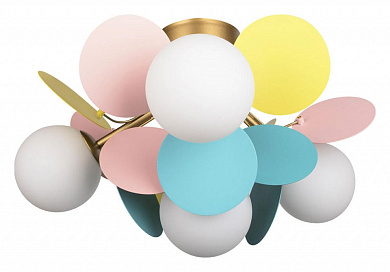 потолочная люстра с разноцветными плафонами на золотом основании