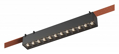 линейный подвесной светильник черного цвета с поворотной секцией на ременном подвесе 48V