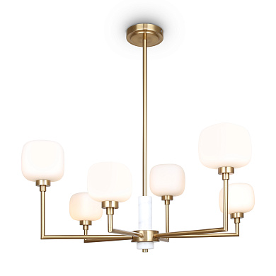 потолочный светильник с круглыми матовыми плафонами на латунной раме