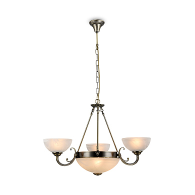 подвесная люстра на штанге с тремя плафонами из матового стекла цвета бронзы