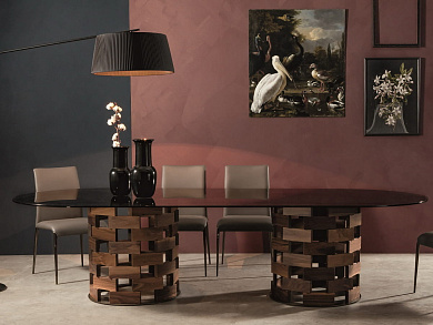 BIG COLOSSEO Овальный стол из мрамора Nero Marquina с основанием из орехового дерева Tonin Casa