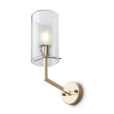 настенный светильник с цилиндрическим плафоном из прозрачного стекла и золотистой основой