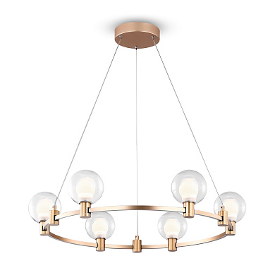 подвесная люстра на шести плафонах из прозрачного стекла с матовой золотой рамой