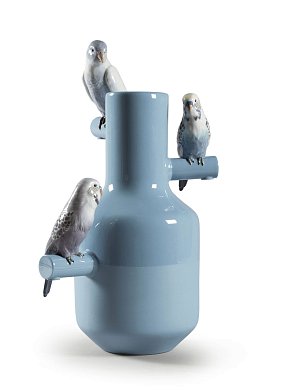 Фарфоровая ваза с тремя попугаями Parrot Parade Lladro, голубая 01007850