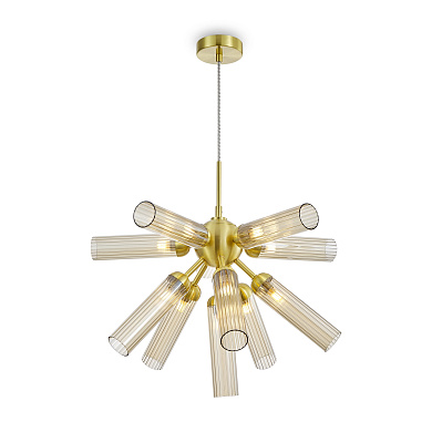 подвесная люстра с радиальными плафонами цилиндрической формы в золотом цвете