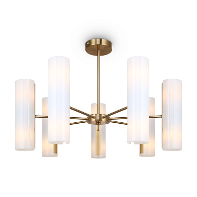 люстра с шестью вертикальными плафонами цилиндрической формы на латунной основе
