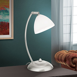 LA 4-987/1 satin/438 opal Orion Opaldesign настольная лампа с овальным стеклянным абажуром на изогнутой металлической опоре