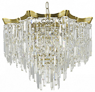 подвесная люстра с хрустальными подвесками и латунным корпусом