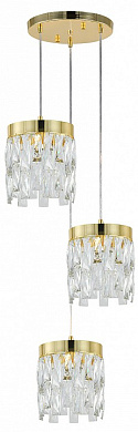 подвесной светильник с тремя цилиндрическими каскадами из кристаллов на золотом креплении
