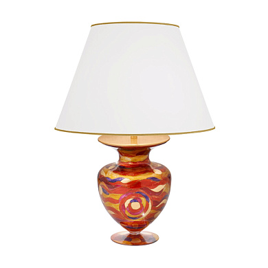 настольная лампа с круглым абажуром на декоративном основании