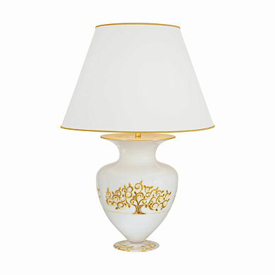 настольная лампа с круглым абажуром на белом основании