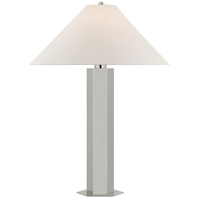 настольная лампа с широкой конической тканевой арматурой и металлическим основанием