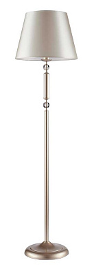 торшер с тканевым абажуром и тонкой стойкой золотистого цвета