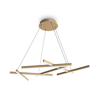 подвесной светильник золотистого цвета с множеством вытянутых модулей на тросах