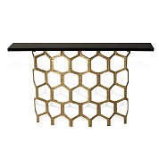 Honeycomb Console Table Decayed Gold with Black Lacquer top Porta Romana