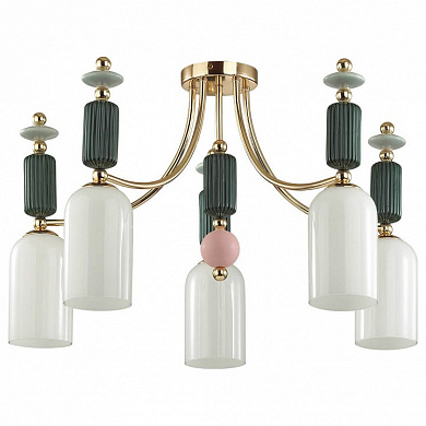 потолочная люстра с пятью абажурами разных оттенков