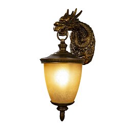 Уличный настенный светильник Favourite Dragon 1716-1W — уличный настенный фонарь с фигуркой дракона и янтарным плафоном