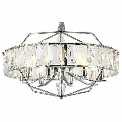 подвесная люстра с кристаллами и металлическим каркасом хром